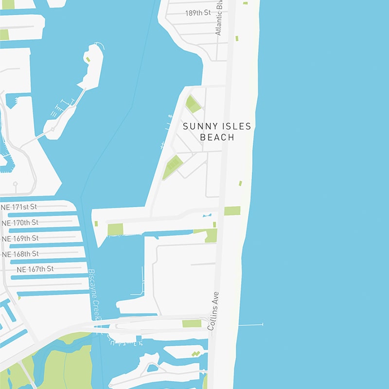 Map illustration of Sunny Isles Beach, Florida.